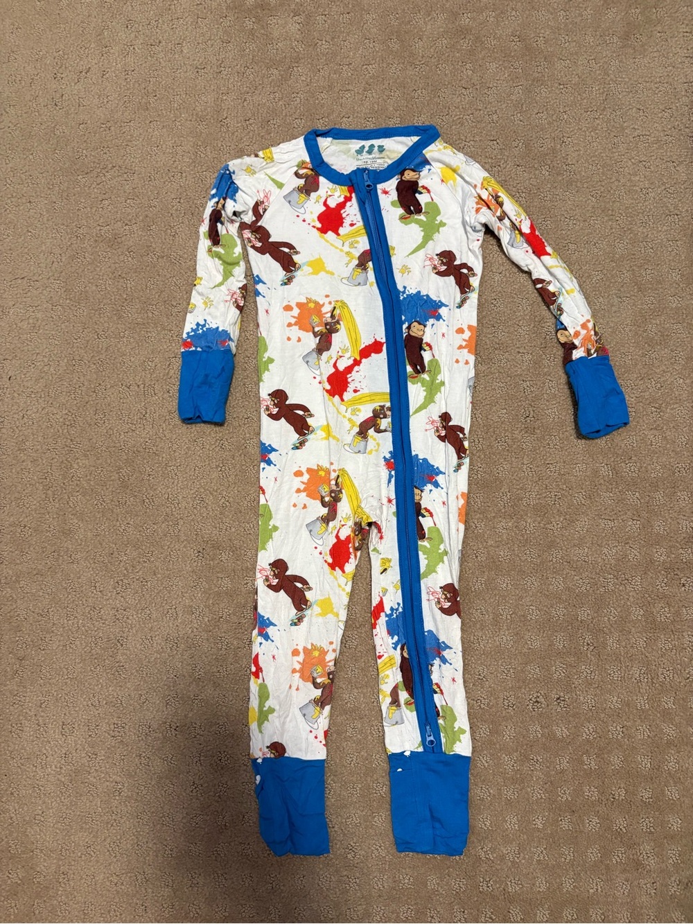 White Curious George Bamboo One-Piece Pajamas with Blue Trim